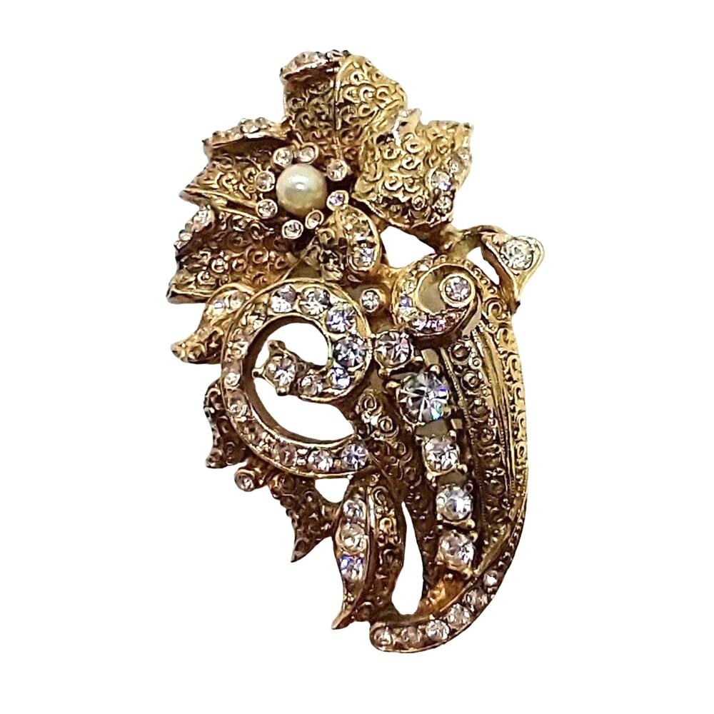 Vintage Hobe' Gold Rhinestone and Pearl Brooch